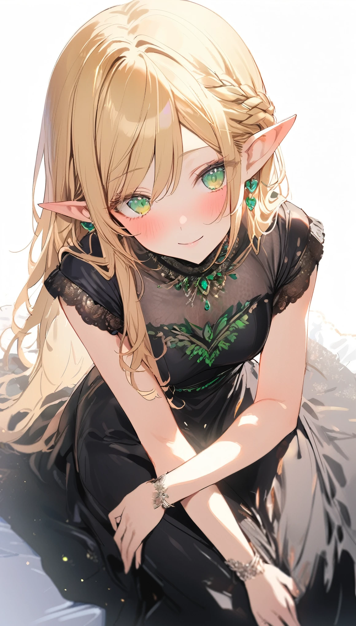 (1girl:1.3), (sitting elf girl:1.3), (long blonde hair:1.2), (vibrant green eyes:1.4), (black dress:1.2), (hand resting on lap:1.1), (pointed ears:1.2), (delicate jewelry:1.0), (blushing:1.2), (cold expression with lovestruck eyes:1.4), (modest chest:1.1), (looking sideways with intense gaze:1.3), (natural hand-drawn feel:1.3), (elegant posture:1.2), (romantic tension:1.2), (full body view:1.1), (soft lighting:1.0), (white background:1.1), (slight smile:1.0)