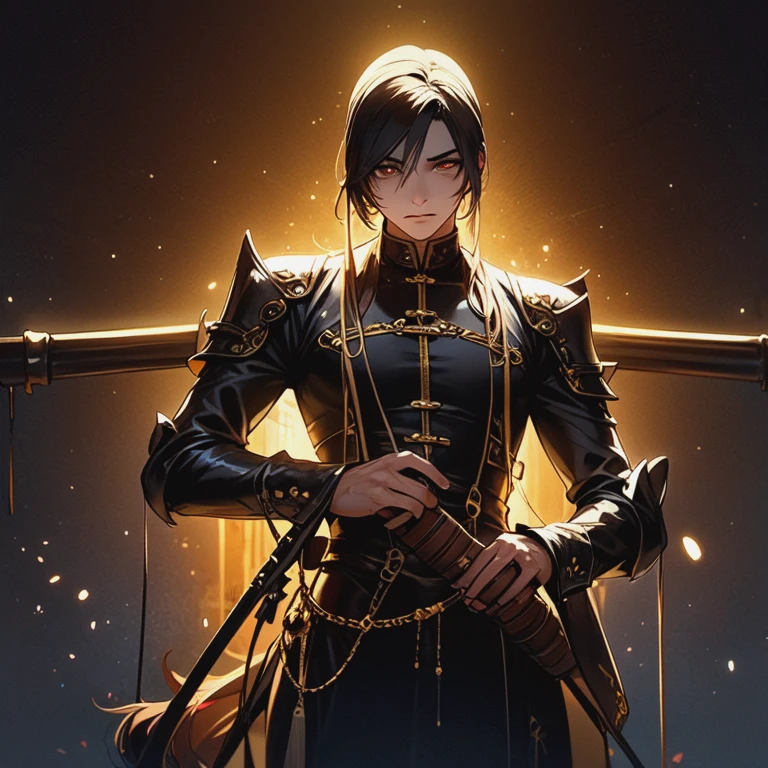, , He is a young male Taoist with hair and a long European face., , He was playing with an erhu in his hand. He was playing with an erhu in his hand., , He's very good-looking., , He was wearing leather armor., , He's a bard., , He's a bard., , He's a bard., , The background behind him is a mountain, and the background is pure gold, not white.,
