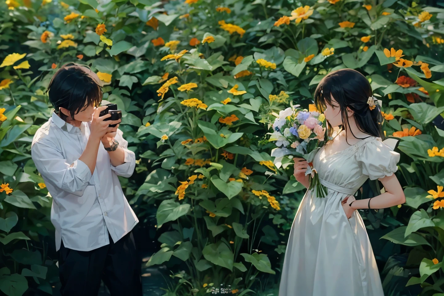 A couples standing , taking pictures, anime style, flowers in background,