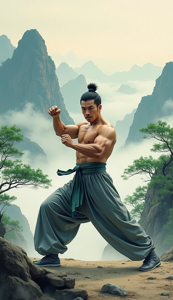 Painting of chinese man in Kung Fu pose, background, mountains, trees, Chinese painting style, water color style