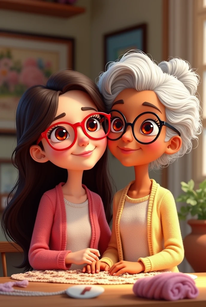 I want a logo for a crochet shop and since it's mine and my grandmother's I would like it to have a Disney animation of the two of us, my grandmother has curly gray hair, has a tanned brown skin, and red eyes. I have dark brown hair, long, Caucasian skin, make it in 3x4 format and don't forget the red glasses and my grandma's tanned skin. The granddaughter is white and does not wear glasses., the grandmother is brunette and wears glasses