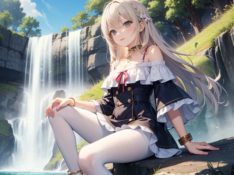 super thin fabric,summer dress,raise knee,off shoulder,white pantyhose,anklet,dynamic angle,waterfall