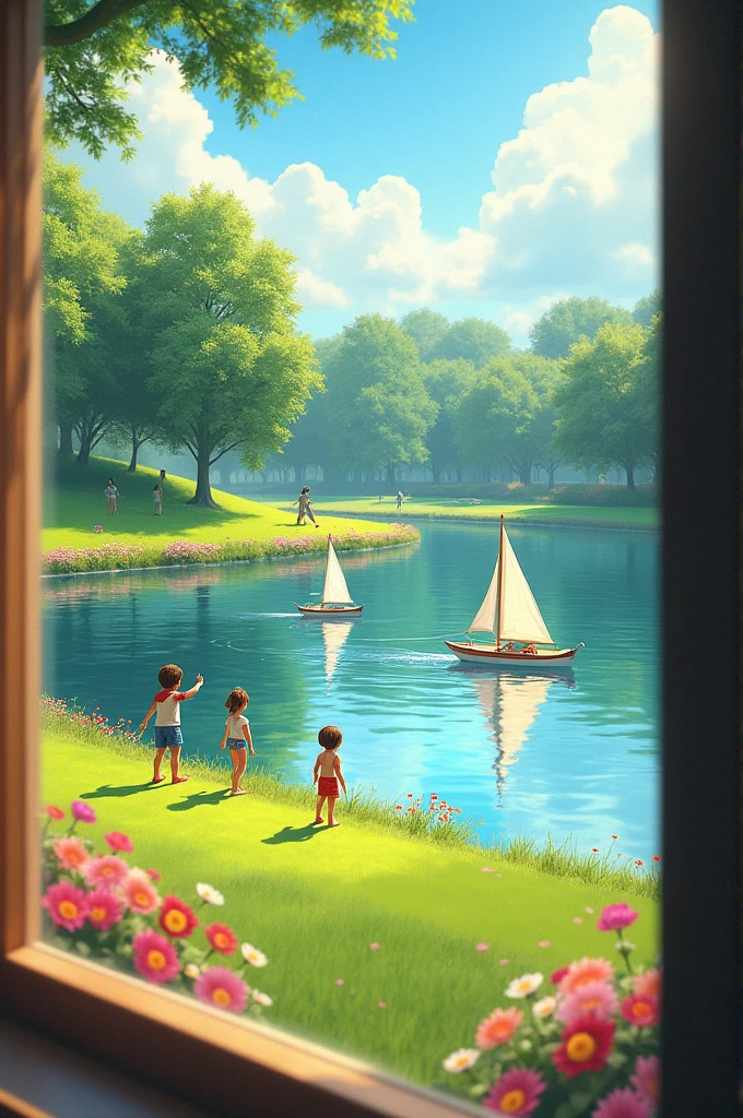 A room window overlooks a park on bright sunny day the park has lake with lush green lawn and flowerbed surrounding the lake some children are sailing their model boats in the lake