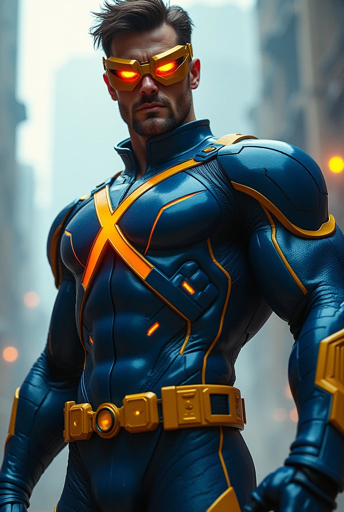 Cyclops, man, short brown hair, blue tech suit with yellow accents, gold high tech visor glowing red, x logo, yellow ultility belt, gloves and boots,