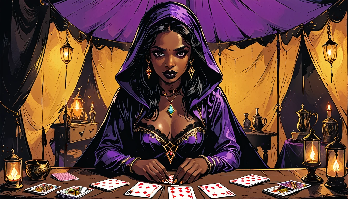 
(((deck of cards in hands, shuffles cards with hands,)))(open mouth), circus tent, Gypsy with taro cards in hand sits by the table, black long Waves hair, black eyes, Fleshy nose, Thin nude Lips, dark makeup,(jewelry), ((tiara)), ((dark violet hood)), wearing intricate violet clothes, shawl, dark skin, mole under eye, gypsy dress, dark atmosphere, deep shadow, shadow, surprised, shocked, (taro cards in hand), tarot cards, furnishings of a magic tent for fortune telling, graphic style of novel comics, perfect hands, 2d, 8k, hyperrealism, masterpiece, high resolution, best quality, ultra-detailed, super realistic, Hyperrealistic art, high-quality, ultra high res, highest detailed, lot of details, Extremely high-resolution details, incredibly lifelike, colourful,