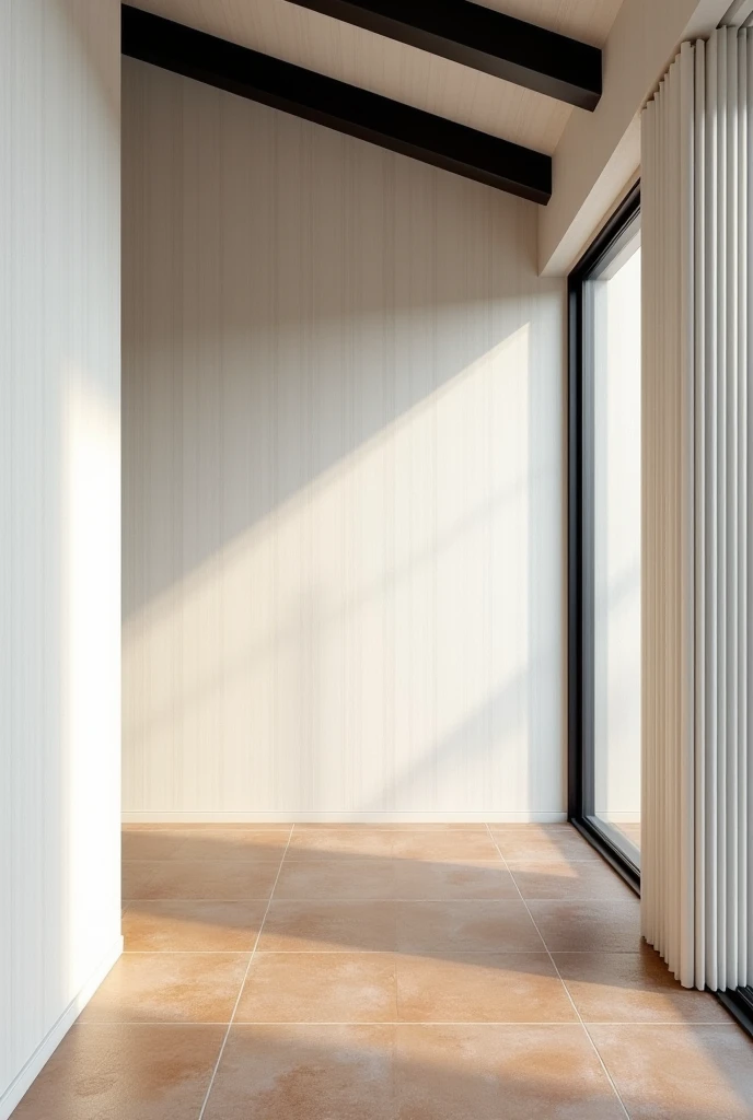 Leaving room with white grooved plywood and brown ceramic floor, and black exposed beams