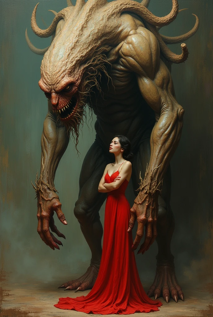 Painting of a woman in a red dress next to a giant creature, estilo Dragan Bibin, Inspired by Nicola Samori, Jeffrey Jones, Santiago Martínez Delgado, Inspired by Pietro Longhi, Tomasz Jedruszek, Elegant horror art, Dragan Bibin, Vdragan Bibin, Sergey Kolesov, Anatomically correct, super detail, high details, highres, 4k