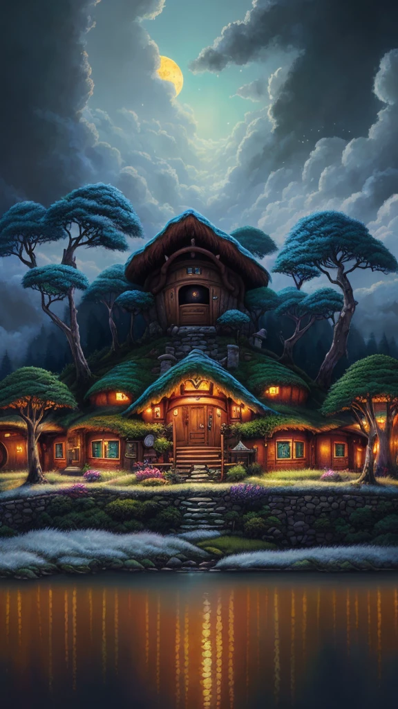 Real and realistic world, beautiful hobbit house on the hill, Laurie Griesley style, Studio Ghibli, Akira Toriyama, James Girard, Genshin Impact, trending pixiv fan box, acrylic palette knife, 4K, vibrant colors, Devinart, Trending on Art Station