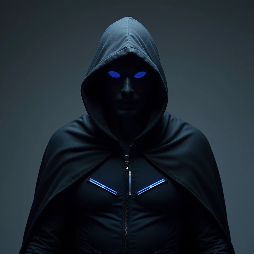 Stealthy, black suit, blue highlights, full head mask, without cape