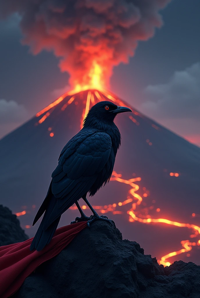 Blackbird with the Nicaraguan flag, watching a landscape of an active volcano, at night.