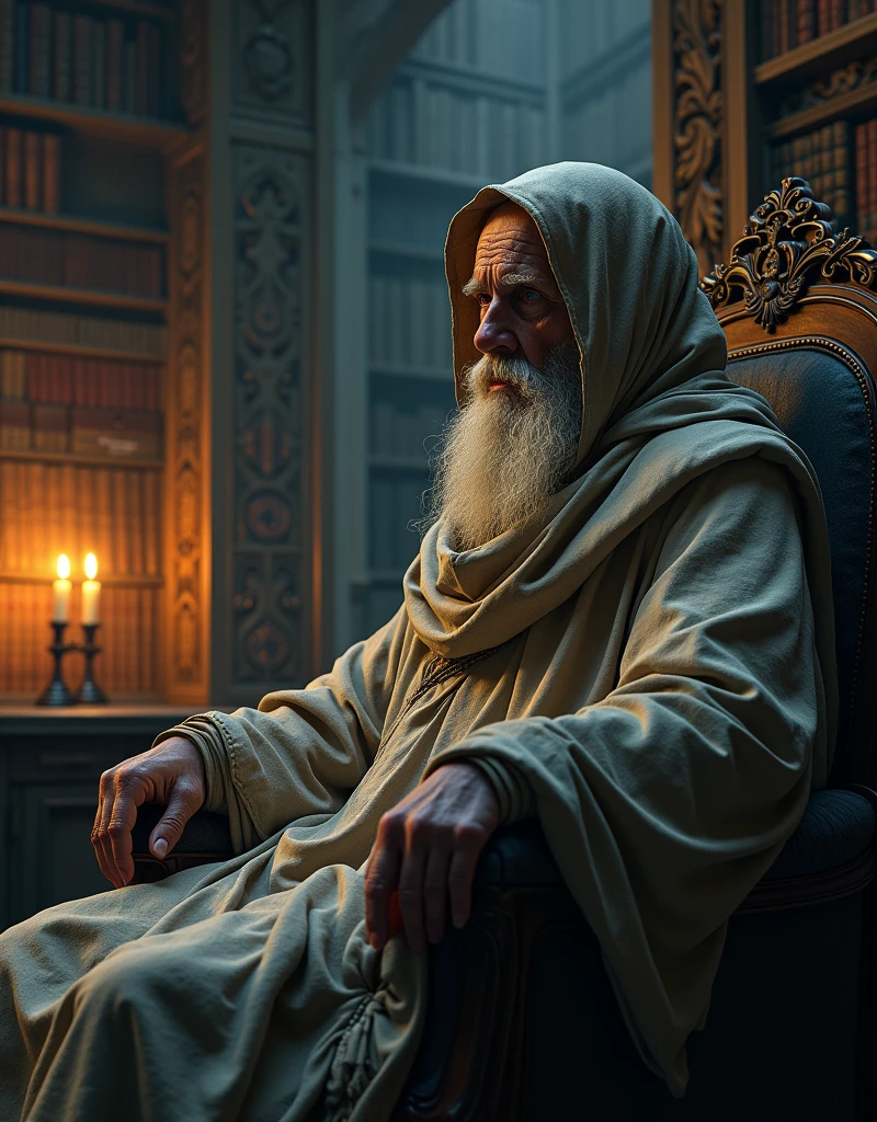 an elder man sitting on a old chair in library, wrapped on the sheet, hermit, marble statue, dark octane render, lighting from candle lamp, baroque, european, mandala, side view from bottom, anatomically correct, super detailed, (HDR:1.5), (cores suaves:1.2), hiper detalhado, (arte station:1.5), luzes quentes, efeito de luz, dramatic light, (detalhes intrincados:1.1), fundo complexo, (Greg Rutkowski:0.8), (teal and orange:0.4), (Whirling lightning of ice snow),(insane unrealengine5,epic tMasterpiece,max best quality, ultra-highdef XT3 ultra-highres),ultra-detailed,ultra sharp focus, naked, varies,multi, etc. --v 6 --s 1000 --c 20 --q 500 --chaos 100
