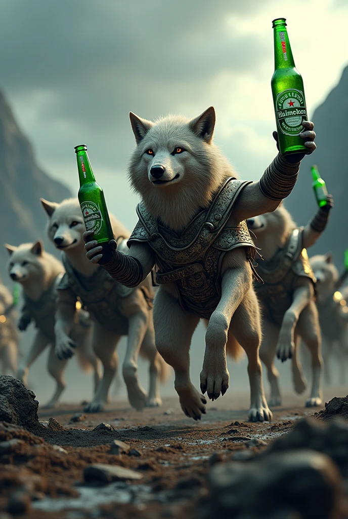 (photorealism:1.2), wolf pack, armor , heineken, war