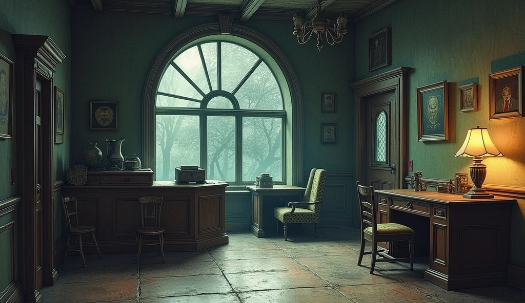the interior of a 1920's police station, without people, set in the universe of the call of cthulhu, daylighting, role-playing, drawn with colored pencils.