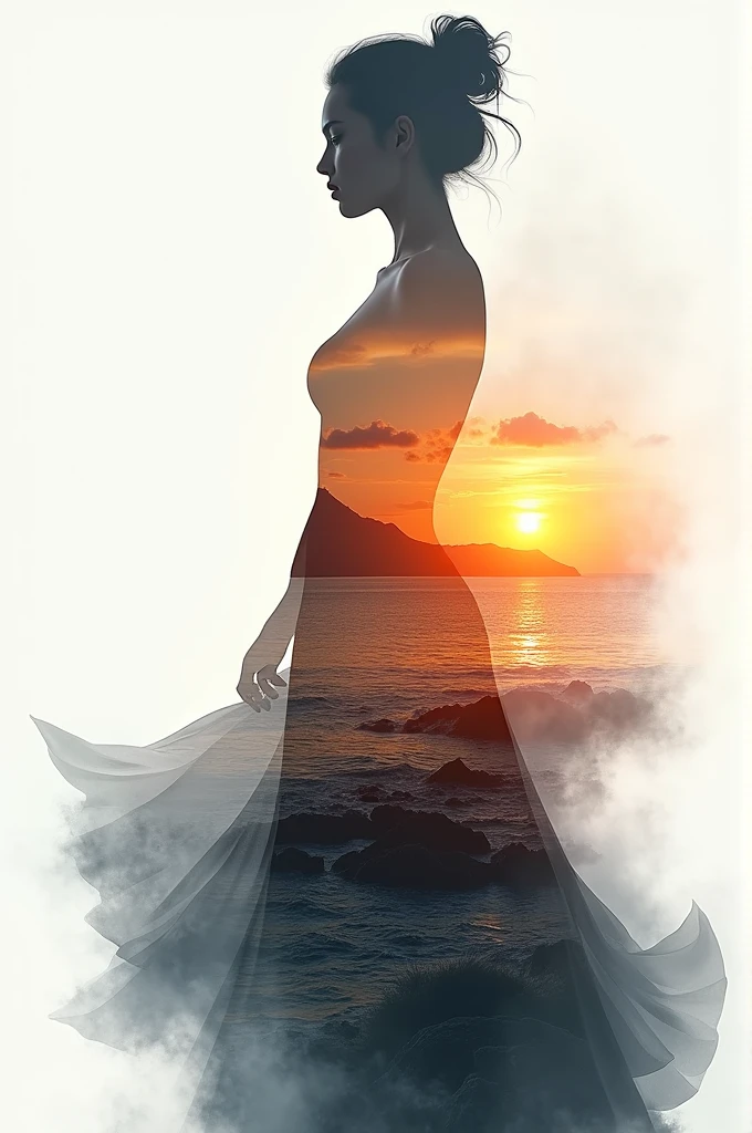 high quality, 8K Ultra HD, A beautiful double exposure that combines an goddess silhouette with sunset coast, sunset coast should serve as the underlying backdrop, with its details incorporated into the goddess , crisp lines, The background is monochrome, sharp focus, double exposure, by yukisakura, awesome full color,