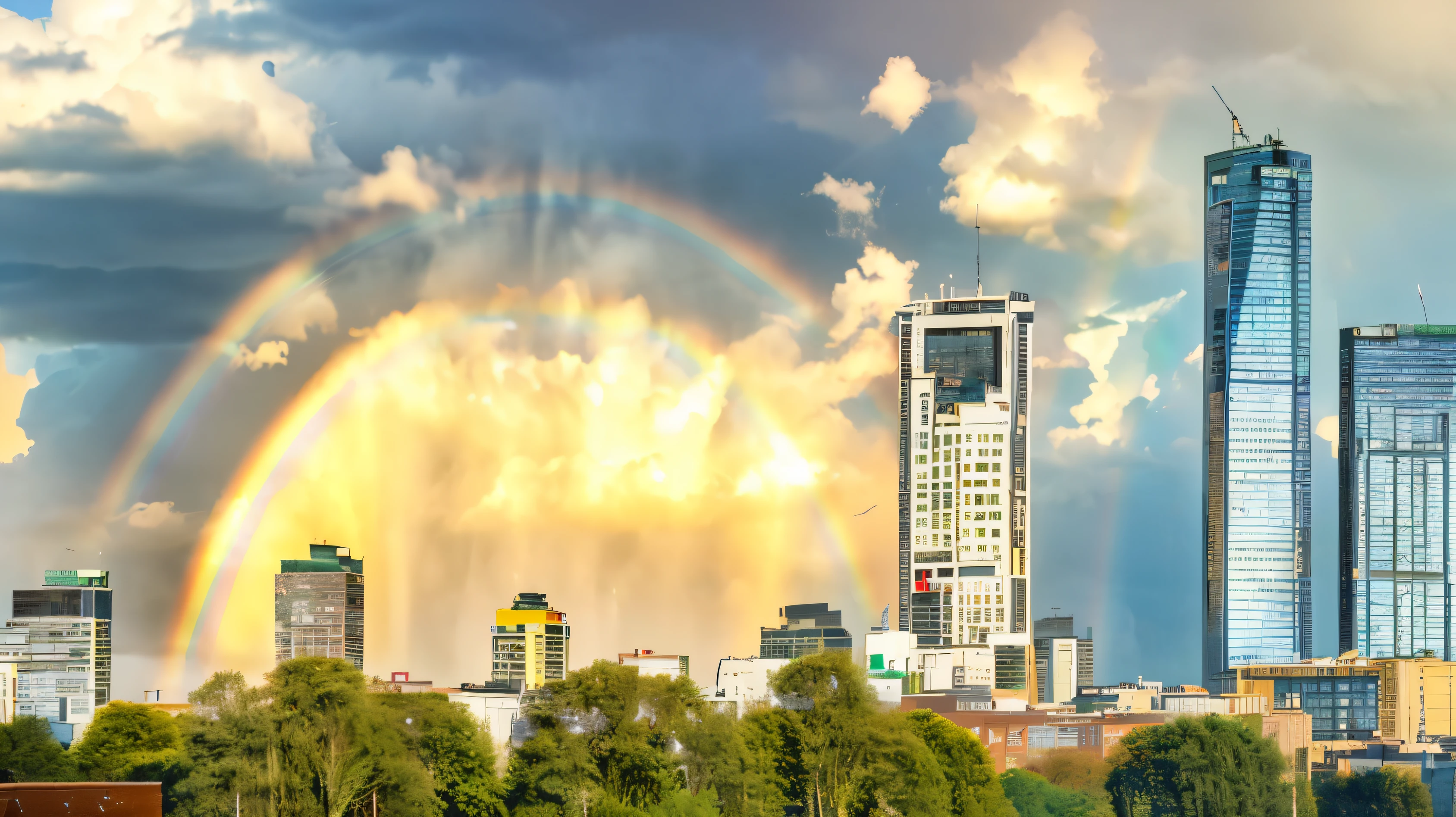 there is a rainbow in the sky over a city with tall buildings, still of rainbow,双rainbow in the sky, Stunning images, rainbow, Alexander Rostov, Andrei Godeyev, author:Hristofo Zhefarovich, just one rainbow 8 k, ,RAW,uhd,8k,Detailed Details,Best quality,Perfect color matching,Cinematic atmosphere,Masterpieces shot by international photography masters,National Geographic Photography Award Winners,双rainbow