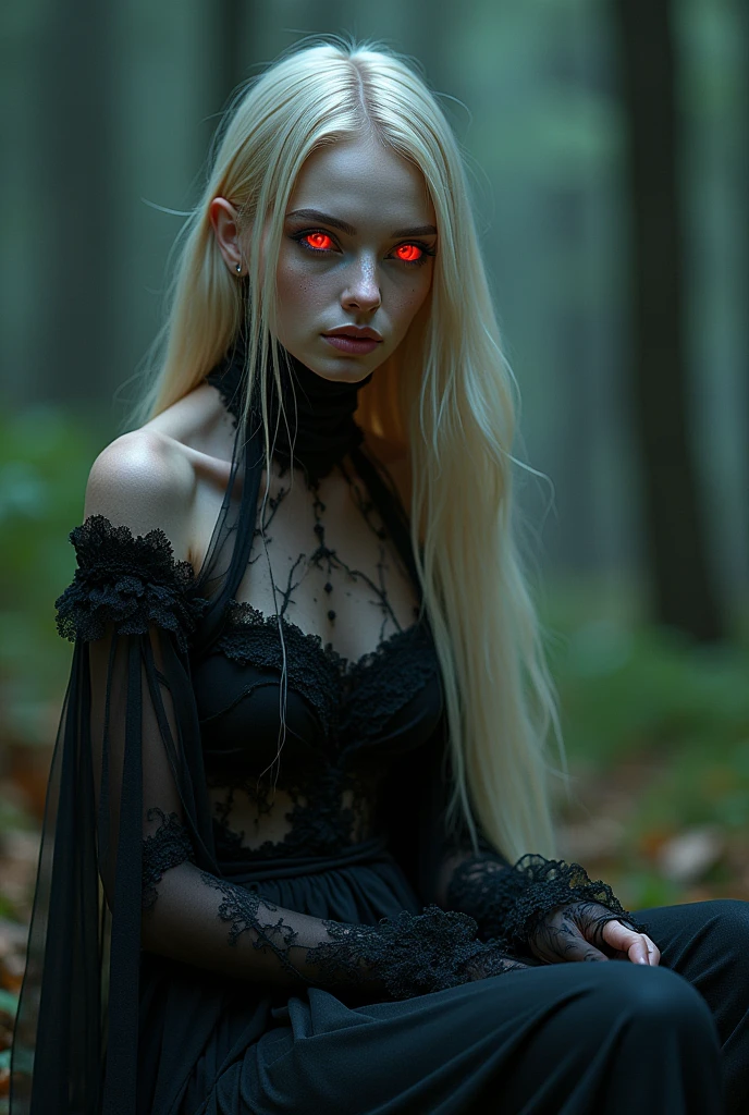 Fashionable of androgynous alien looking witch wearing veil, glowing eyes, beautiful evil slavic muscular woman, pale skin, long dark blond hair, light smile, futuristic design, minimal details, givenchy, photoreal, 200mm, hd, f/ 2.0, sitting in a gloomy spruce forest, highly detailed, surreal , drop dead, in the style of red and blue, (intricate details, hyperdetailed:1.15) (skin texture:1.2), cinematic, professional, 4k, (((dynamic model pose))), full body, mesmerizing, dynamic, dramatic, sensual, dynamic pose, highly detailed skin with hair, subcutaneous veins, light and shadow play, highly detailed,24mm photograph, film, bokeh, professional, 4k,