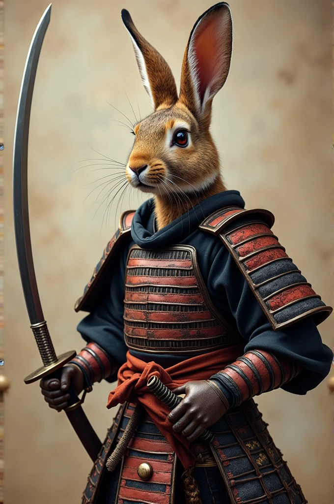 a rabbit in traditional Japanese samurai armor with a katana