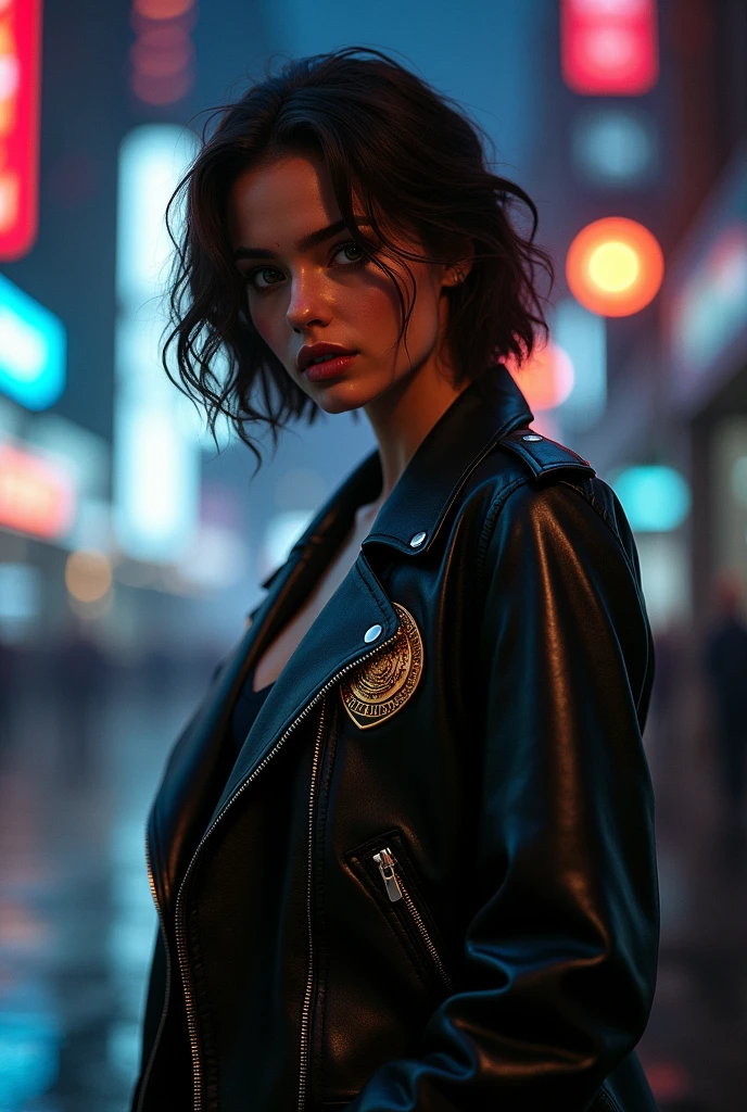 Portrait of natlp as a beautiful female model, georgia fowler, beautiful face, with short dark brown hair, in cyberpunk city at night. She is wearing a leather jacket, black jeans, dramatic lighting, (police badge:1.2)