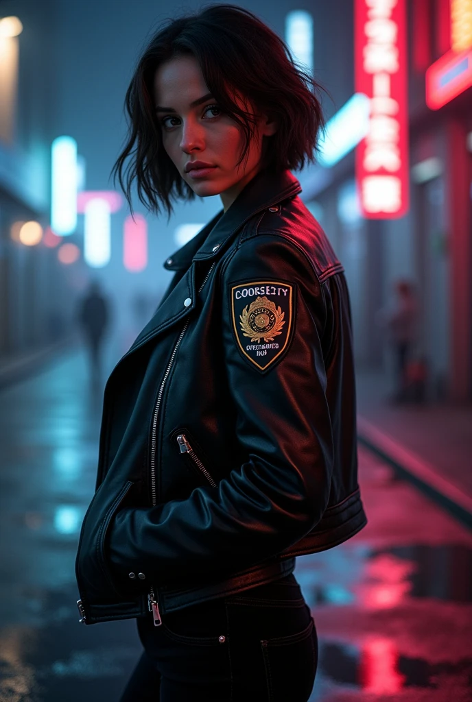 Portrait of natlp as a beautiful female model, georgia fowler, beautiful face, with short dark brown hair, in cyberpunk city at night. She is wearing a leather jacket, black jeans, dramatic lighting, (police badge:1.2)