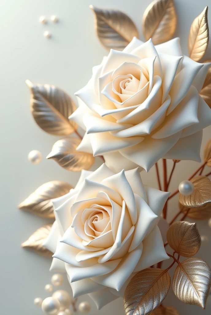 a highly detailed and intricate 3D illustration of white roses with metallic leaves, elegant official artistic aesthetic, ultra high definition, photorealistic, masterpiece
