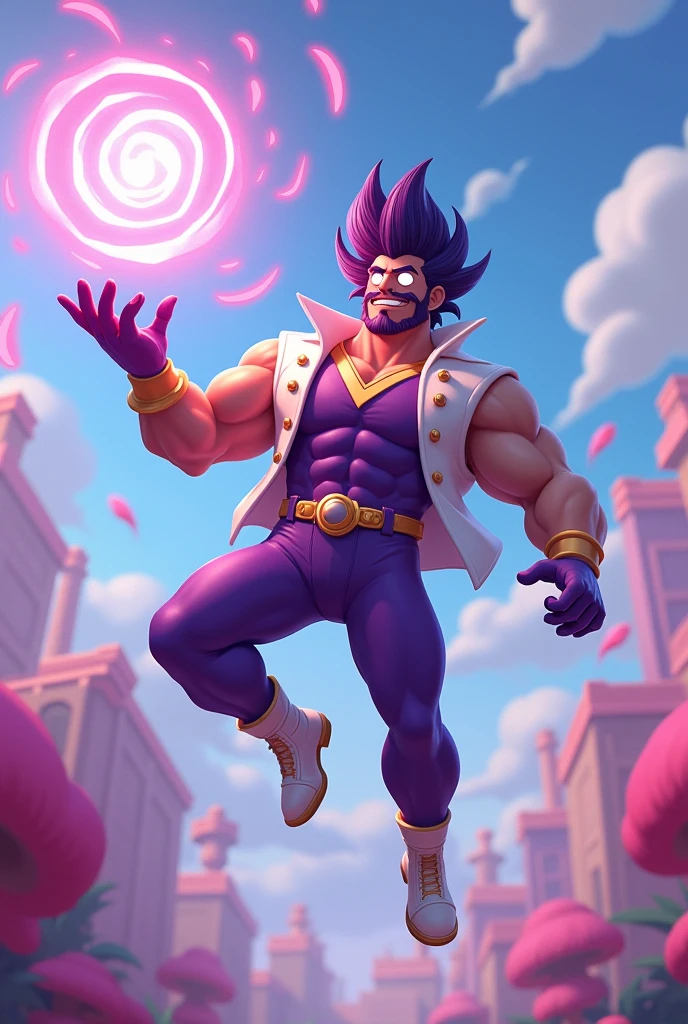 generates a cartoon style scene, purple and pink tones, where a man, a magician, muscular with a white jacket, open, sleeveless, with a design of a (V) on the back in gold. A tight purple shirt, purple pants, gloves, belt and boots, white, with gold details, hair back crazy, pointed with a lock on the forehead, but more flattened, short and a dark purple tone, his eyes shine and flash a purple light. He is falling from the sky, with one hand he is making a small ball of energy that throws purple, pink, and light blue flashes of light. Three-dimensional effect