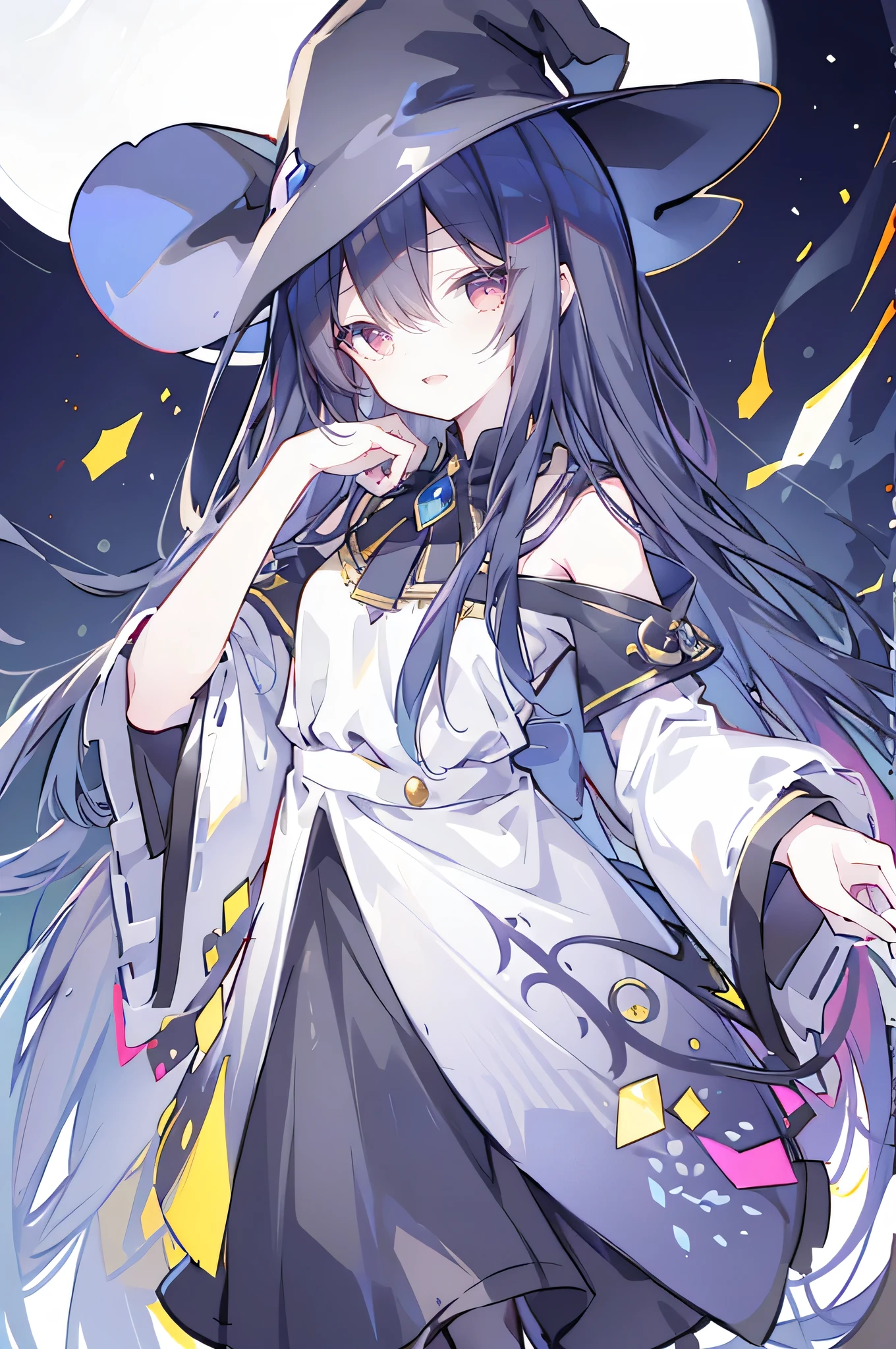oung Girls,Humanity,A magician always smiles,big witch hat,cute,dark blue long hair,The eyes are dull,The bangs are heavy,Thin eyebrows,fantasy,intake,Double teeth,Star Theme,Constellation pattern,Solid color clothetal decoration,cloak,A bit of a dark atmosphere,A little crazy smile,When the big moon shines outside at night,blood,Hair black star embellishment,Short tie,No nails,High waist skirt,Bell sleeves,Long-sleeved shirt,Black tie,low risk,gentlemen。Mist、Yellow and white effect，Shocking pink as an accent color