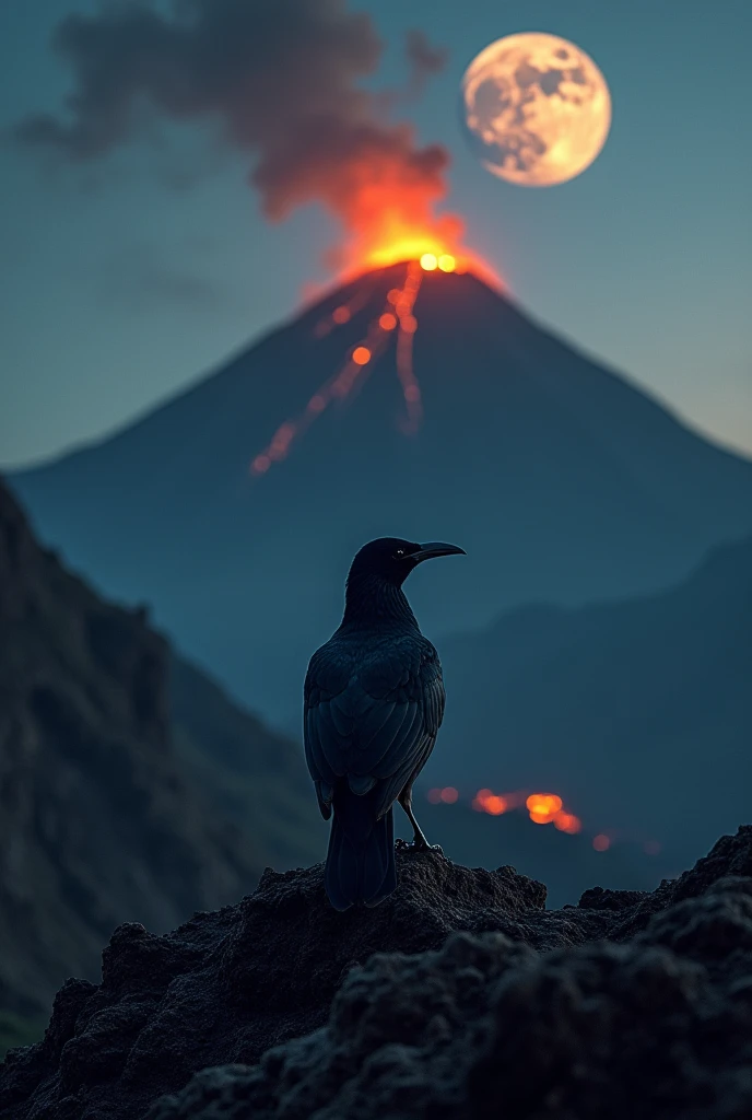 Blackbird with a Nicaraguan flag, watching a landscape of an active volcano, at night.