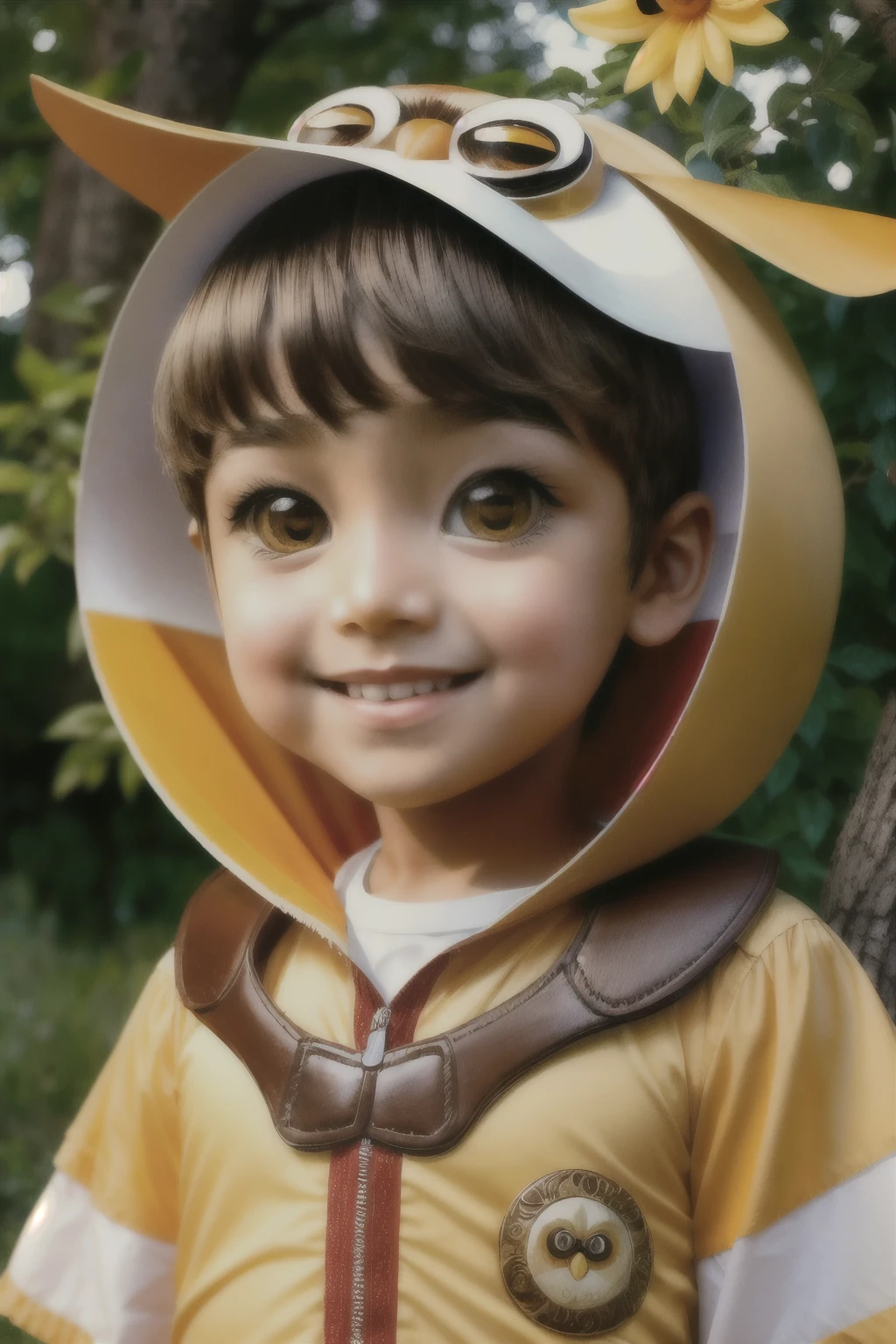 create a cartoon of a child, male with the striking features of an owl with a cheerful countenance, fully body, a bit tanned, in beekeeper clothing