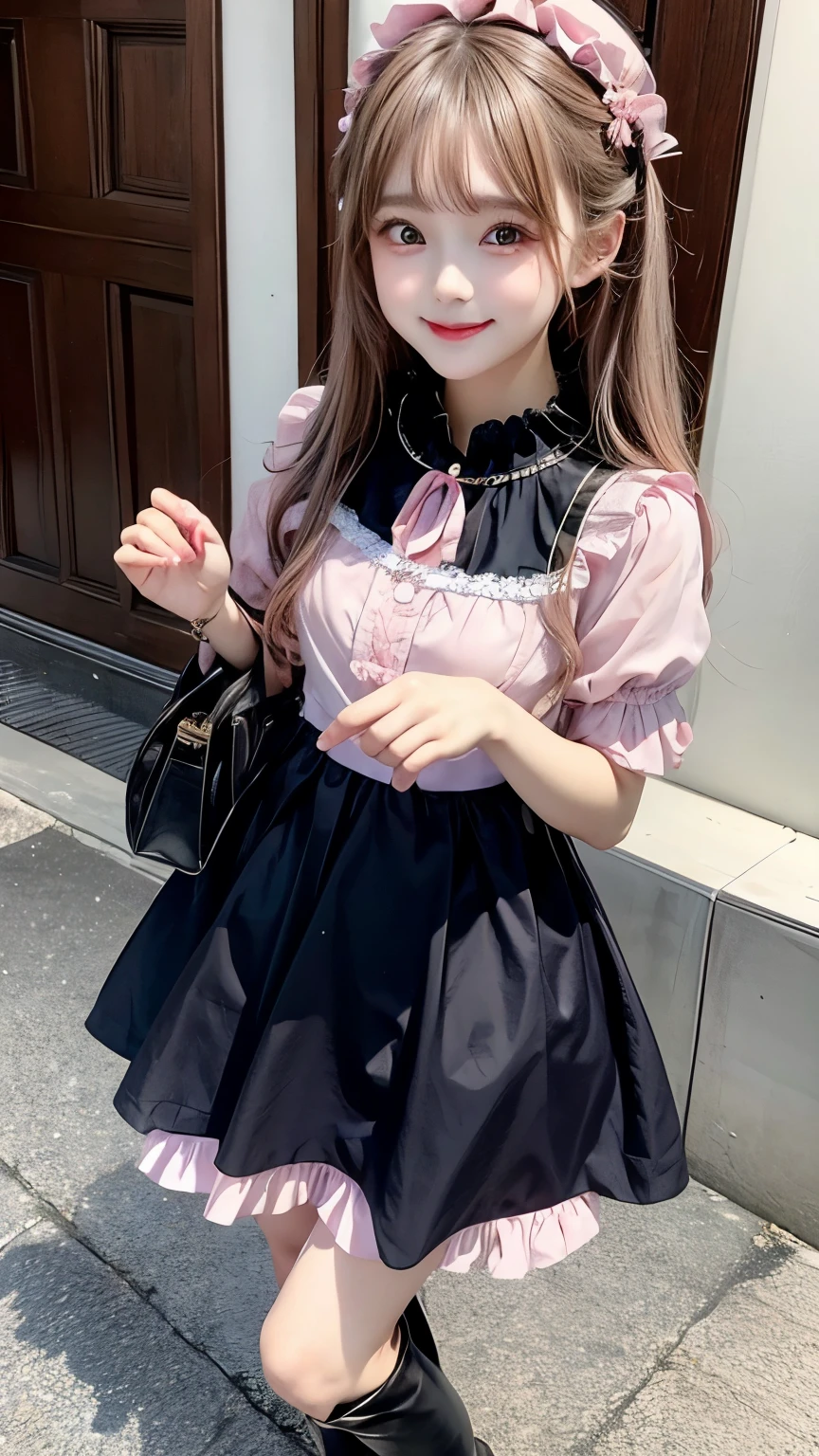 beautiful girl、Very cute angel、pink lolita dress、cute、、smile、Long skirt、Black long boots、