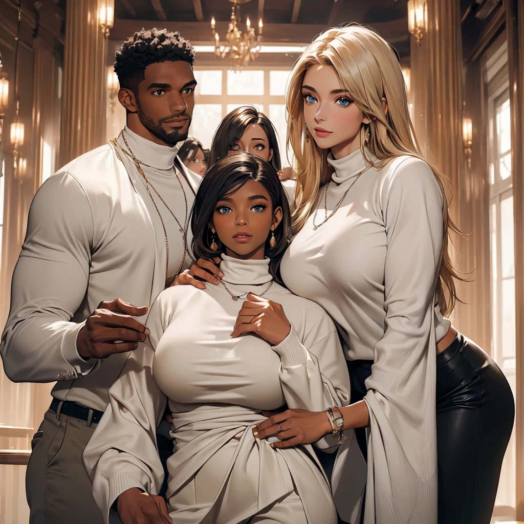 (Best Quality,Unparalleled Masterpiece:1.4) one tall muscular black man, four women with beautiful highly detailed faces are wearing white turtleneck-shirts and white yoga-pants (the four women express desire) (the four women surround and worship a single tall muscular black man, the beautiful women are touching him and snuggling the tall muscular black man, perfectly detailed face, anatomically perfect nose, anatomically perfect eyes, anatomically perfect hands. IF ONE PERSON IN THE PICTURE IS A MAN THEN THE REST MUST BE WOMEN, IF THERE IS ONE MAN THEREFORE THE NEXT PERSON MUST BE A WOMAN, no crosseye, no same two pose are the same