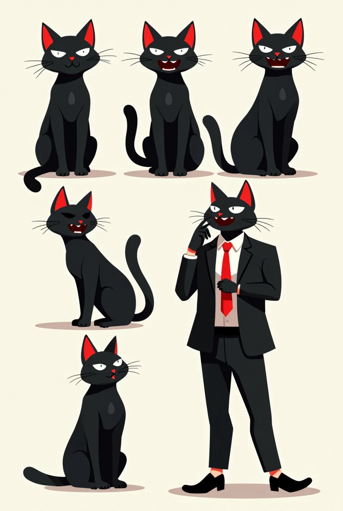 Create a black cat wearing a black suit, black dress shoes, and a red tie., he will have a body like a human but being a cat, Do it in different positions, Make it stylish digital art and minimal design., Leave it with more positions, make positions like thoughtful, enlightened, convinced, talking, make the eyes and mouth open and facade.