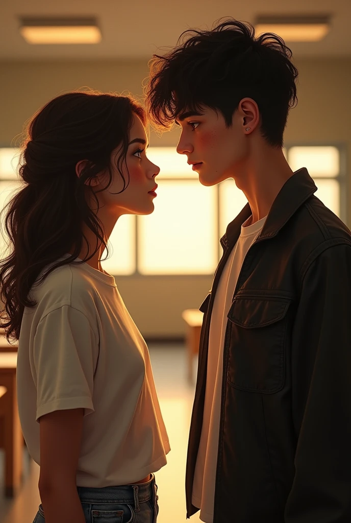 Clear, here is a shorter version:
---
**scene:**
in an empty classroom, illuminated by the setting sun, **Violetta Castellani** is standing in front of **luca Moretti**. She, with her dark brown hair and soft waves, She's wearing a white t-shirt with an artistic print and simple jeans. His freckles and moles are visible on his fair skin, while his eyes, hidden behind brown contact lenses, show a mix of insecurity and curiosity.
**luca**, tall and with slightly disheveled black hair, He's wearing a dark t-shirt and a leather jacket. Her tanned skin glows in the golden light, and his brown eyes watch her intently. The tension between them is palpable, laden with unspoken emotions and hidden secrets.
---
Does this better fit what you need?