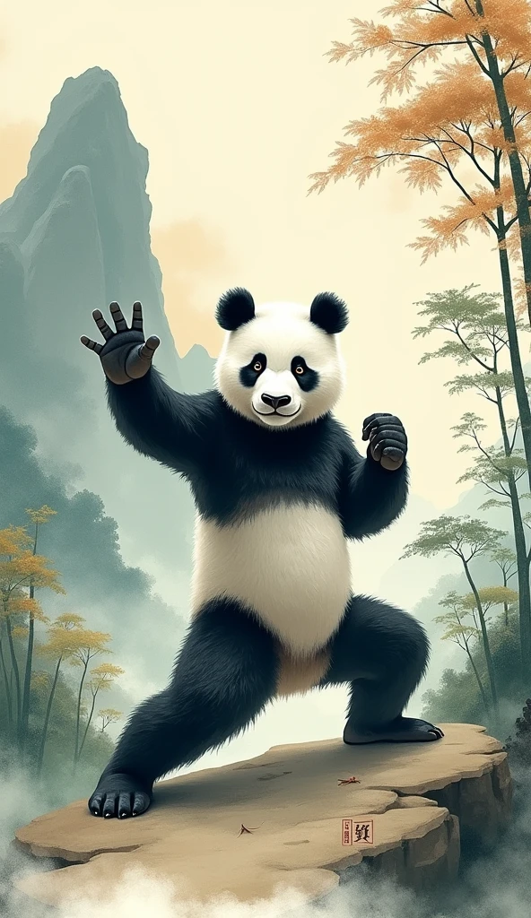 Painting of chinese Panda in Kung Fu pose, background, mountains, trees, Chinese painting style, water color style