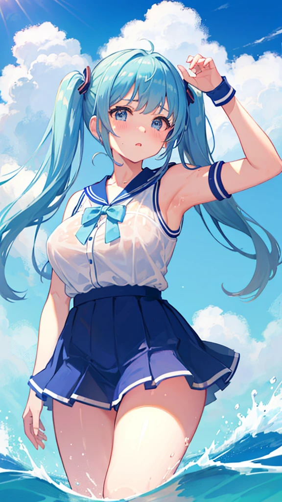 ((Highest quality)), ((masterpiece)), (detailed), high school girl、Light blue twin tails、Beach、Sunny summer、Slightly backlit、Wet sailor suit、mini skirt、Big thighs、Big Breasts、Nipples erect、Sexy pose、looking at the camera、Embarrassed expression、Sweat a lot