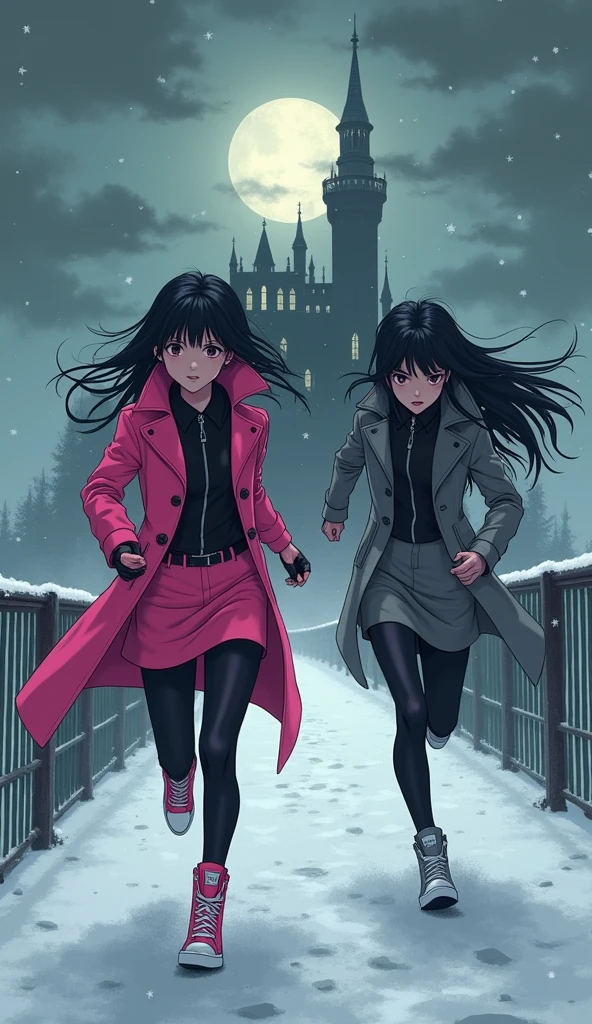 Two girls, long black hairs, yuri, Vampire Hunters.
The first girl wear a pink long coat, black shirt, pink pencil skirt, black underpants, black tights, black gloves, adidas pink sneakers high top.
The second girl wore a grey long coat, black shirt, grey pencil skirt, black underpants, black tights, black gloves, adidas grey sneakers high top.
running on the long foggy bridge, the vampire castle, snowing, black grey sky, fantastic night sky, moon, cartoon novel, 4K, HD