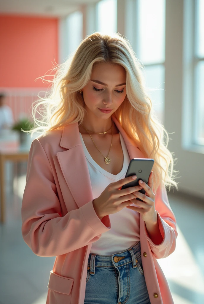 Likesoar.com a girl with blonde hair and blue eyes showing her brand and playing tiktok on her phone
