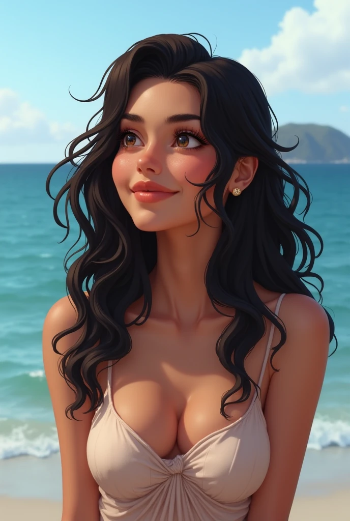 brunette woman, height 1.in 50 centimeters, wavy black hair, Small ears, large almond-shaped black and wide-set eyes with double eyelid, bushy eyebrows, thick and arched, round face, big nose, heart lips, high and curved forehead, high hairline, defined and angular cheekbones, smile with eyes, the woman is at sea
