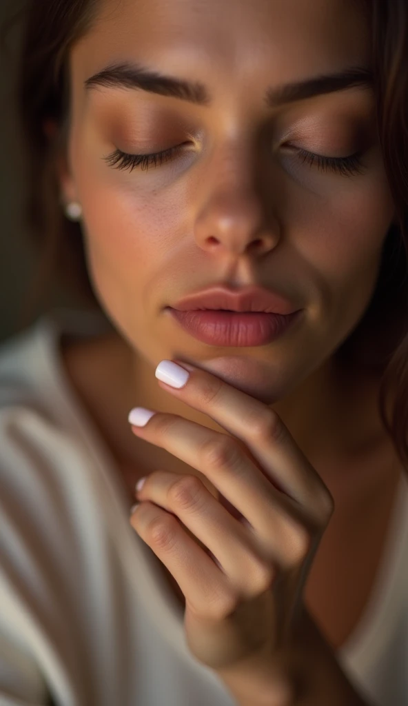 color photo of woman's lips with hydrating lip balm,
soft, moisturized lips ready for lipstick,
context of nighttime routine, cozy bedroom setting,
feeling of self-care, pampering, simplicity,
camera settings: Nikon Z7 II, Fuji Provia 100F film, 50mm lens, macro photography techniques,
directors: David Fincher, cinematographers: Robert Richardson, photographers: Annie Leibovitz, fashion designers: Karl Lagerfeld, Alexander Wang