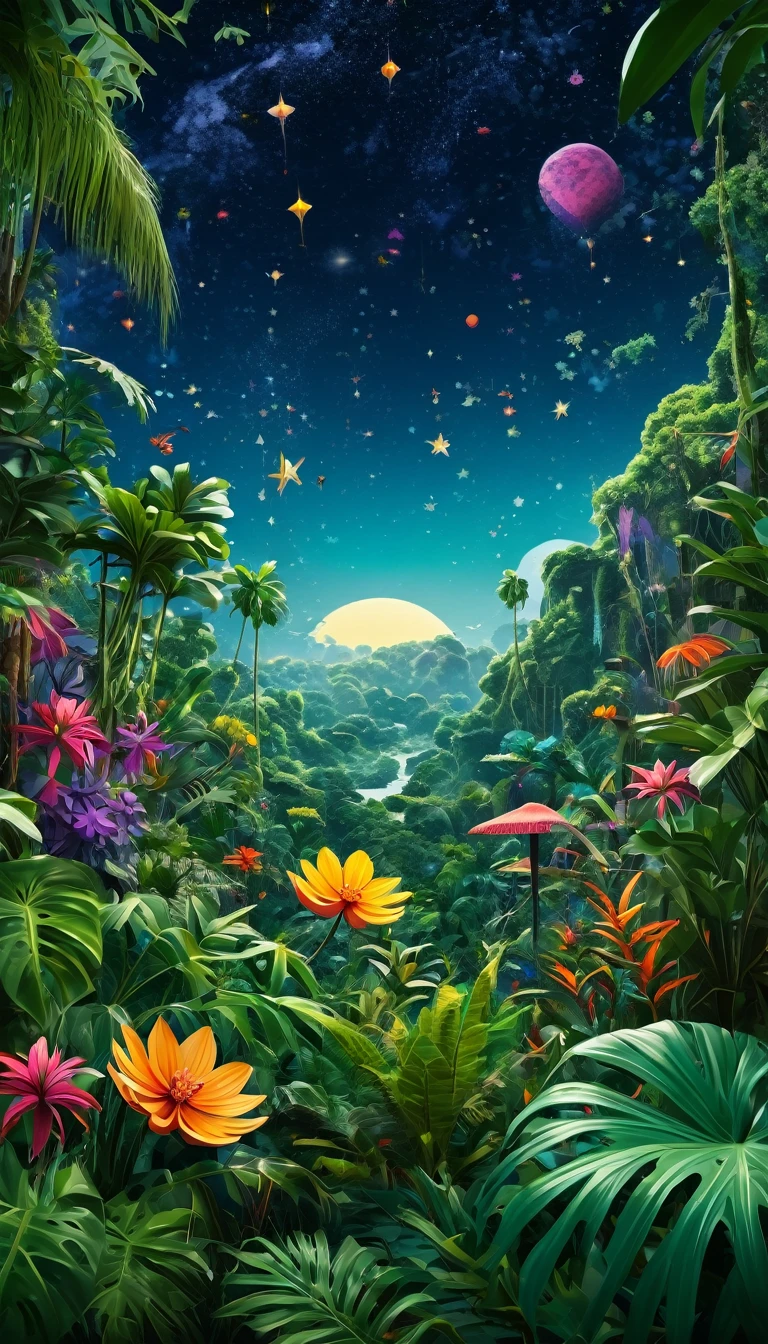 nature wallpaper in 4K quality, in the style of illustration inspired by Akira Toriyama, featuring a fantastical jungle with oversized plants, vibrant flowers, and exotic animals; bright and playful color temperature, cosmos lighting with stars twinkling in the sky, no human characters, the atmosphere is adventurous and whimsical --v 5 --stylize 1000