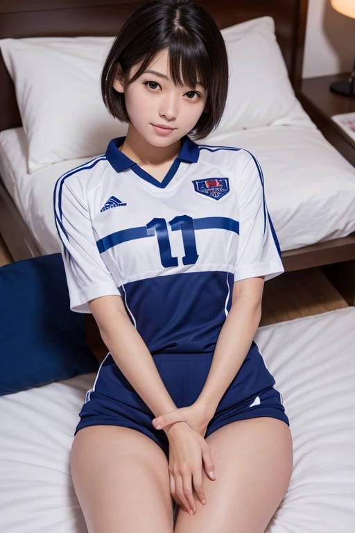 A short-haired Japanese high school girl wearing a volleyball uniform in bed Highest quality 8K small bust Thin legs Thin thighs