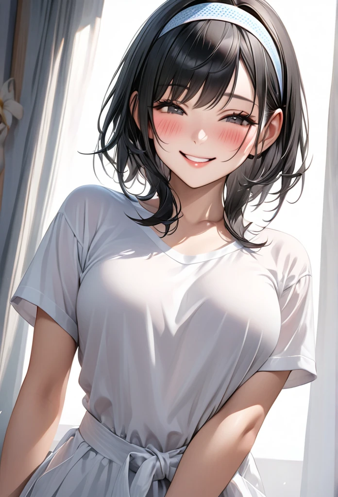 Ultra-realism、chest, solo, Black Hair、model、Shortcuts、Blushing, hair band, smile