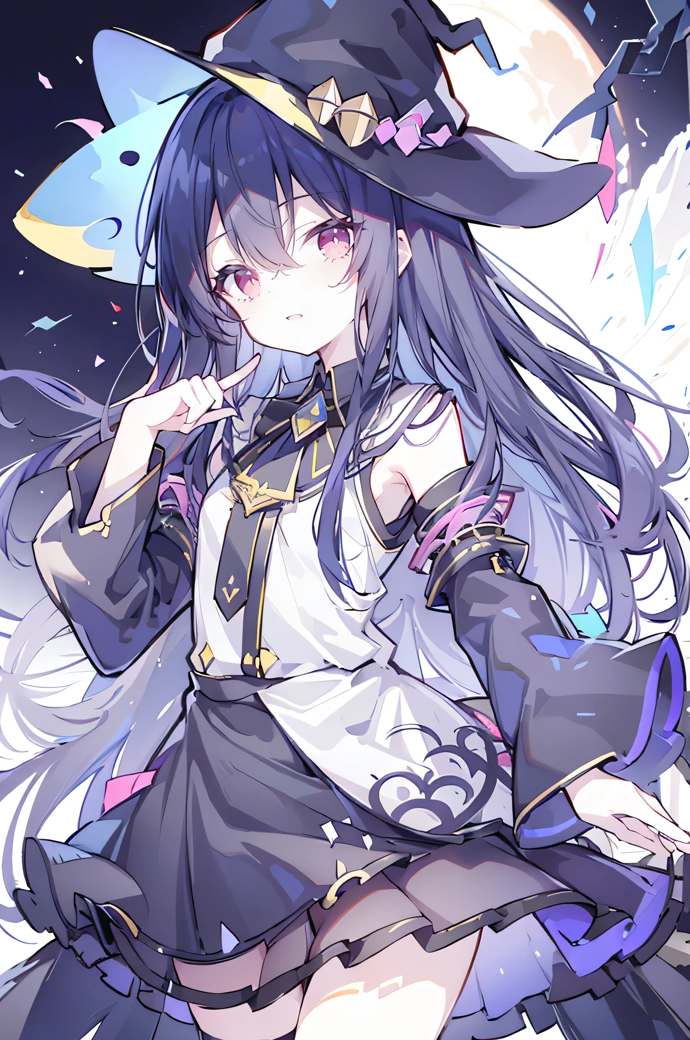 oung Girls,Humanity,A magician always smiles,big witch hat,cute,dark blue long hair,The eyes are dull,The bangs are heavy,Thin eyebrows,fantasy,intake,Double teeth,Star Theme,Constellation pattern,Solid color clothetal decoration,cloak,A bit of a dark atmosphere,A little crazy smile,When the big moon shines outside at night,blood,Hair black star embellishment,Short tie,No nails,High waist skirt,Bell sleeves,Long-sleeved shirt,Black tie,low risk,gentlemen。Mist、Yellow and white effect，Shocking pink as an accent color