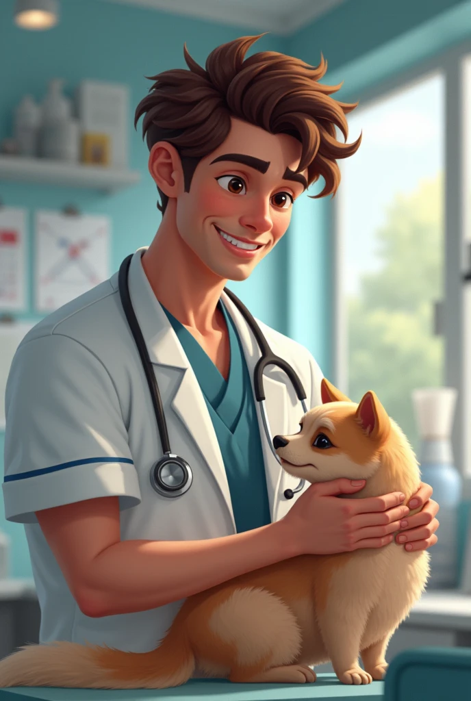 a 24-year-old boy, brown-haired brown-eyed veterinarian