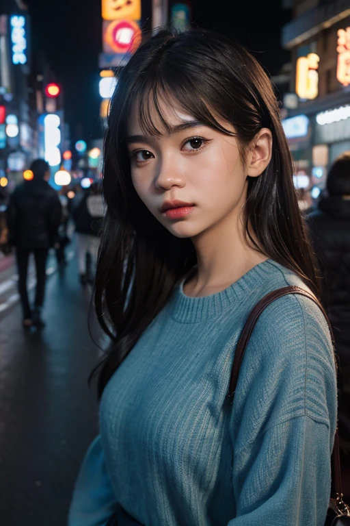 One person, Tokyo Street,night, Cityscape,City lights, Upper Body,close, 8k, RAW Photos, Highest quality, masterpiece,Realistic, photo-Realistic,