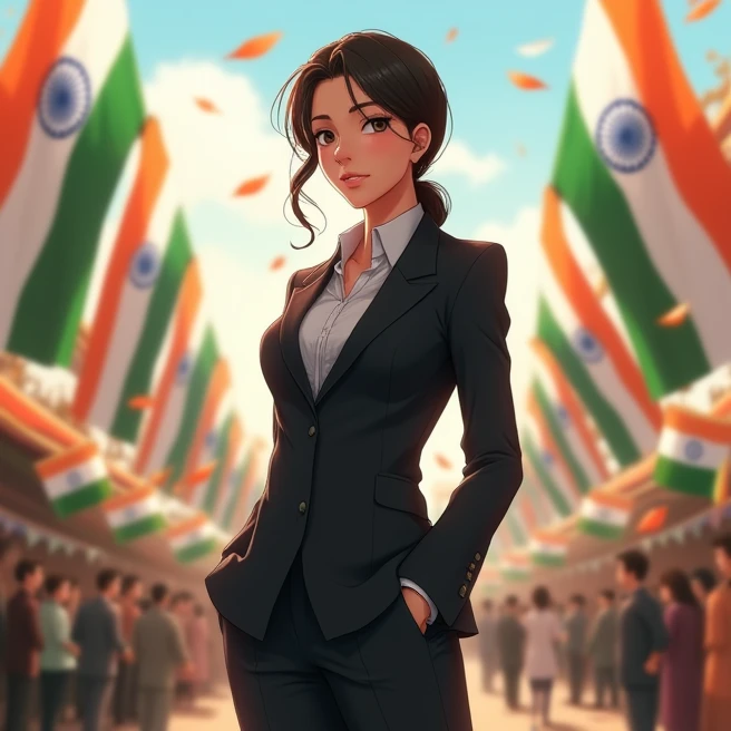 A anime girl age 34 celebrating the indian Independence Day in in suit pant and he is very serious