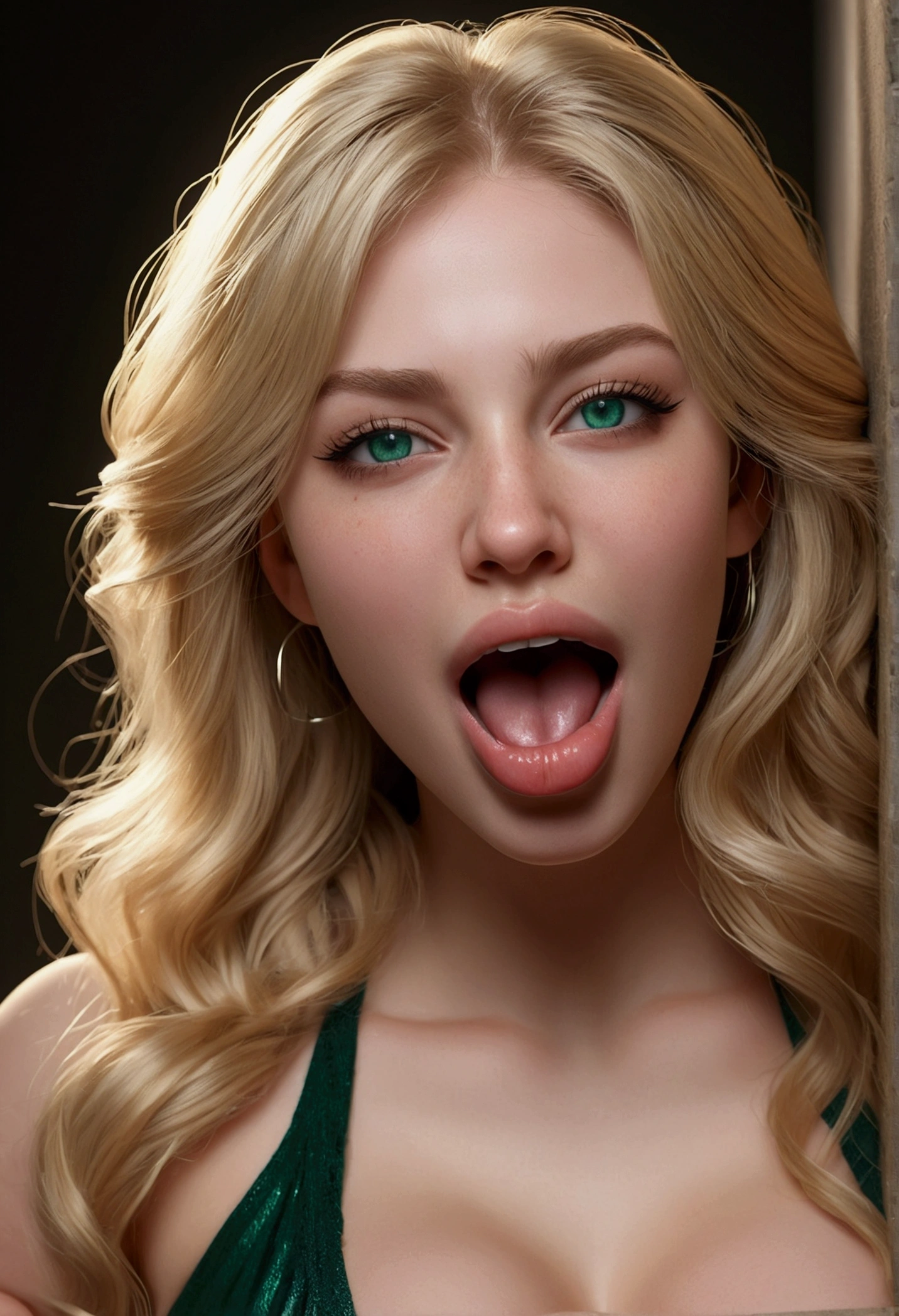 A beautiful teenage girl, blonde hair, porcelain skin, emerald green eyes, kneeling, big breasts, open mouth, tongue out, (((Cum on face))), (best quality, 4k, 8k, high resolution, masterpiece: 1.2), ultra detailed, (realistic, photorealistic, photorealistic: 1.37), highly detailed face, detailed eyes, detailed lips, detailed skin, detailed hair, detailed clothing, cinematic lighting, warm color tones, dramatic shadows, dramatic highlights