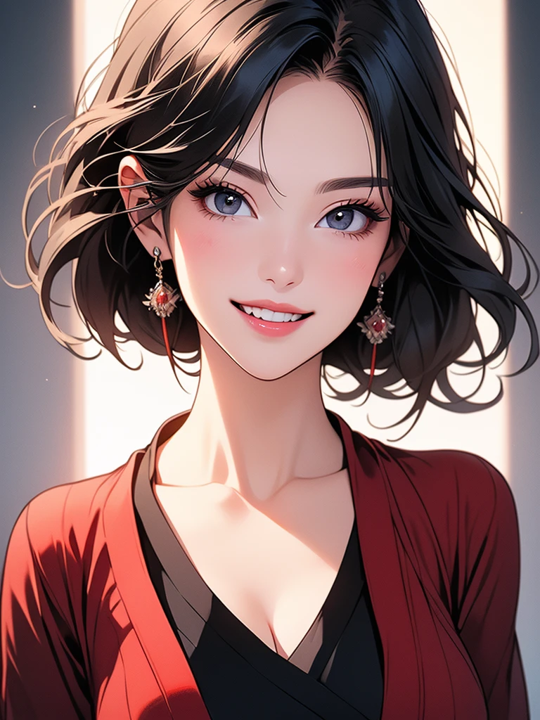 laughter、8k、delicate face、detailed face、simple background、 ((masterpiece, Highest quality, Best image quality, High resolution, 8k)), Very accurate and detailed, 、Accurate and detailed, Accurate depiction,One person, High resolution, Anatomically correct, Very detailed,Large Breasts,smile、sexy、Large Breasts, Illustration,Facial details、Close your mouth, A seductive smile,Ultra-detailed, 日本のIllustrationスタイル, Reality,Facial details、Surrealism, Gentle colors, Soft Light, Overlooking, Full Body、Biting one's lip, Cry with your eyes open, I want to cry,