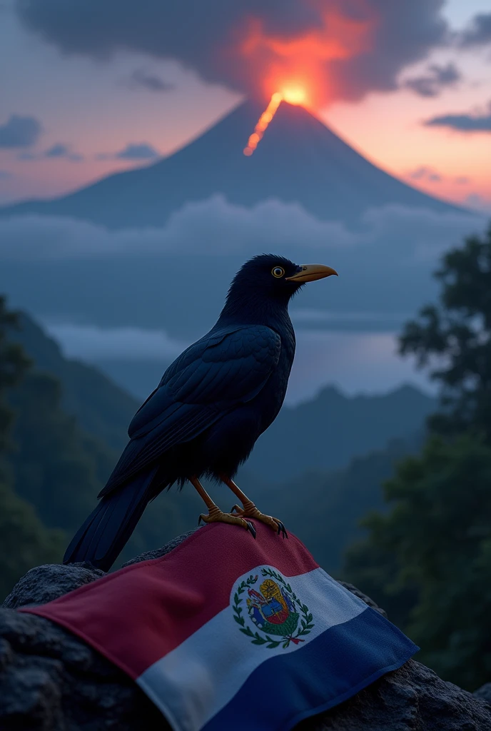 Blackbird zanate, using a flag of the country of Nicaragua, watching a landscape of an active volcano, at night.