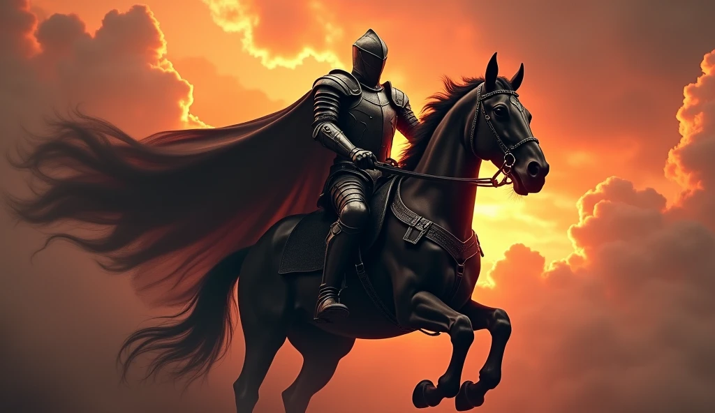 create a Realism-style image of a knight riding a red horse and red armor closed helmet descending from the fiery skies
change the color of armor and horse to black