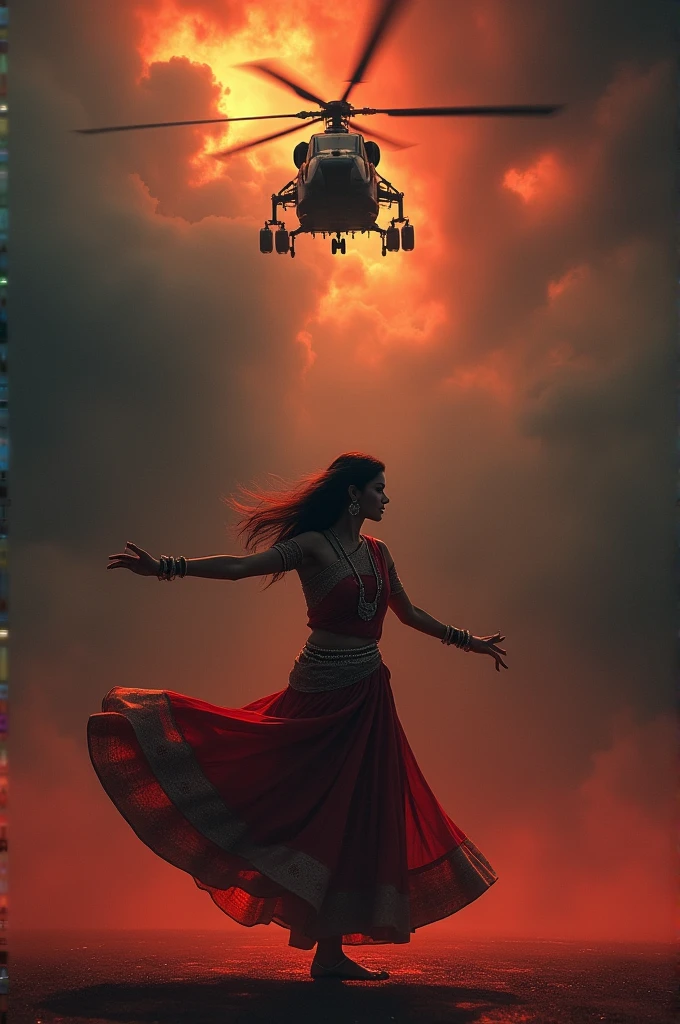 A women dancing kathak under dark bloody cloudy sky, a helicopter shooting her with gun
